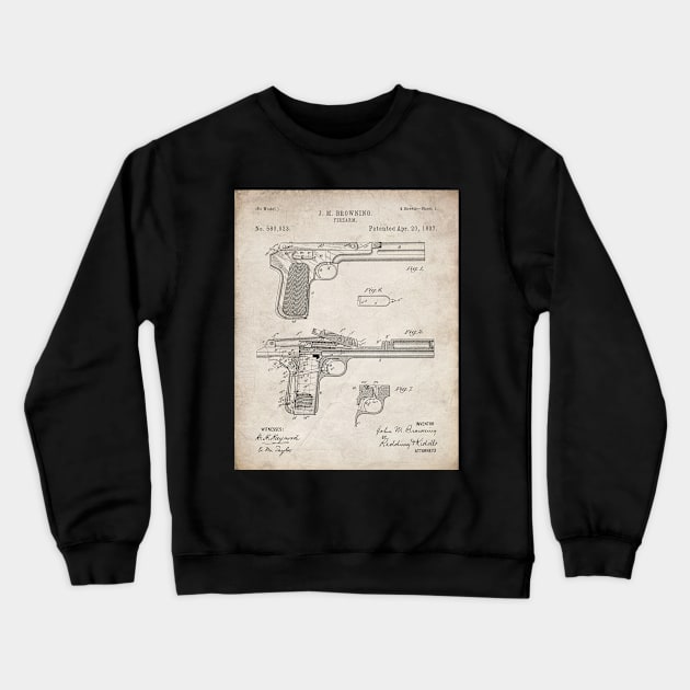 Browning Pistol Patent - Gun Lover Military Fan Art - Antique Crewneck Sweatshirt by patentpress